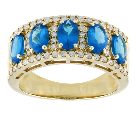 front view of neon apatite and diamond five stone band ring in 14k yellow gold