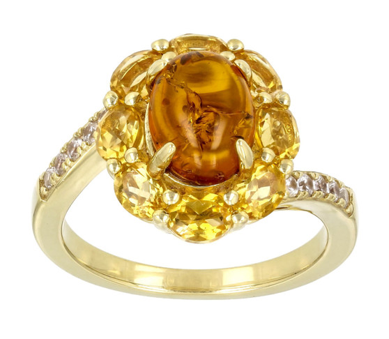 amber citrine and zircon halo bypass ring in 18k yellow gold over sterling silver
