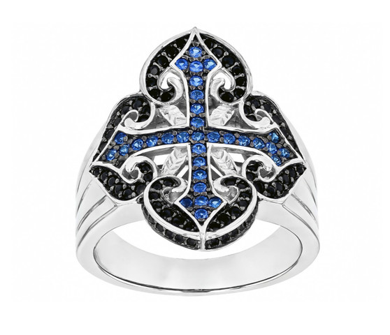 lab blue spinel and black spinel ring in rhodium over sterling silver