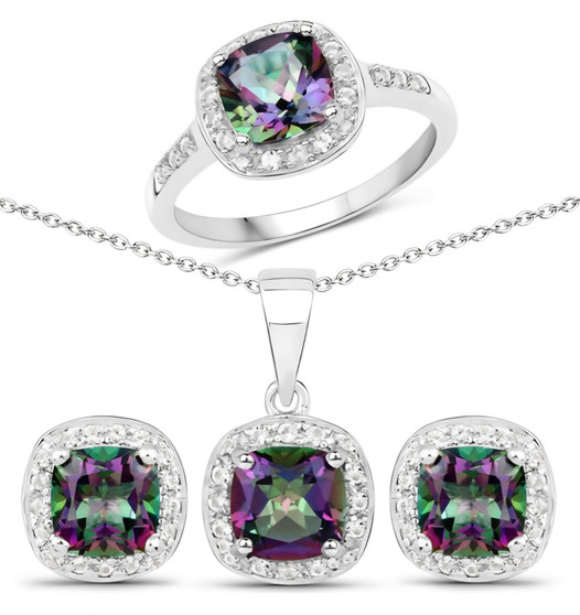 mystic quartz and white topaz three piece jewelry set in rhodium over sterling silver