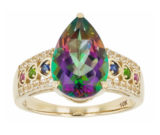 front view of mystic topaz multi gemstone heart ring in 10k yellow gold