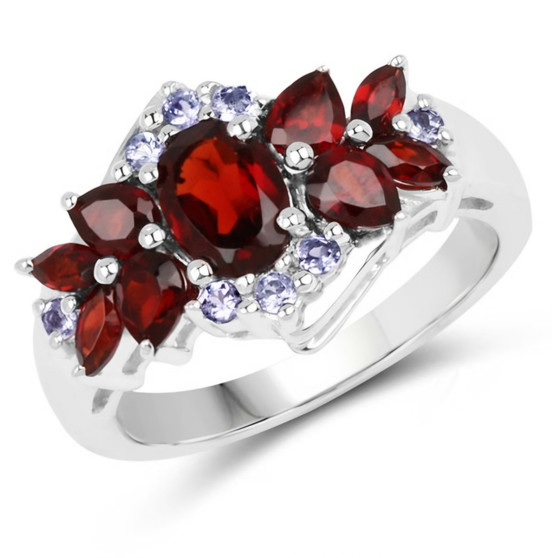 garnet and tanzanite cluster ring in rhodium over sterling silver