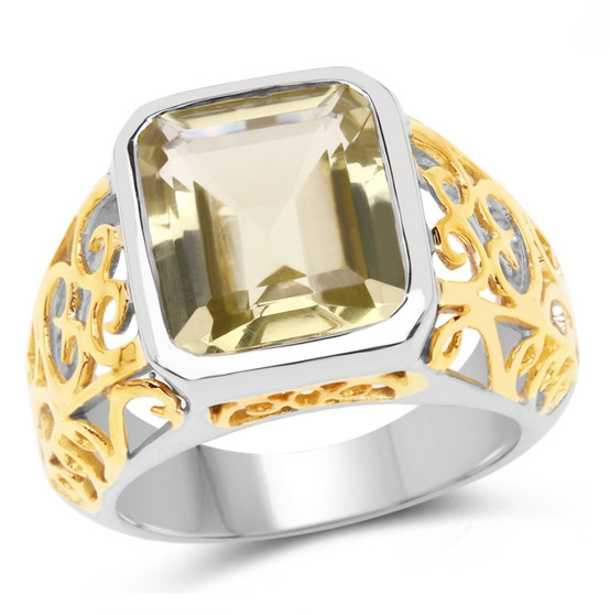 lemon quartz emerald cut solitaire two-tone yellow gold and sterling silver openwork ring