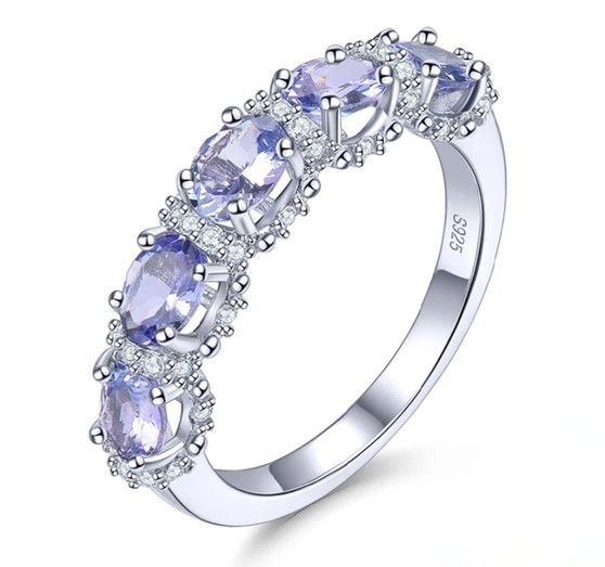 tanzanite and white zircon band ring in rhodium over sterling silver