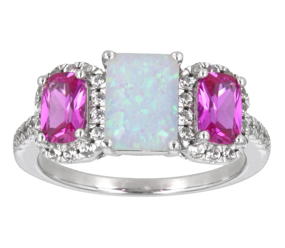 lab opal lab pink sapphire and zircon three stone halo ring in rhodium over sterling silver
