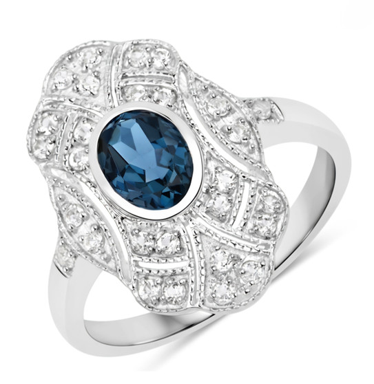 london blue topaz and white topaz vintage inspired ring in rhodium over sterling silver