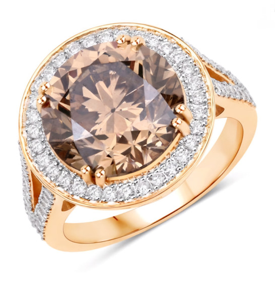 brown diamond and white halo ring in solid 18k yellow gold