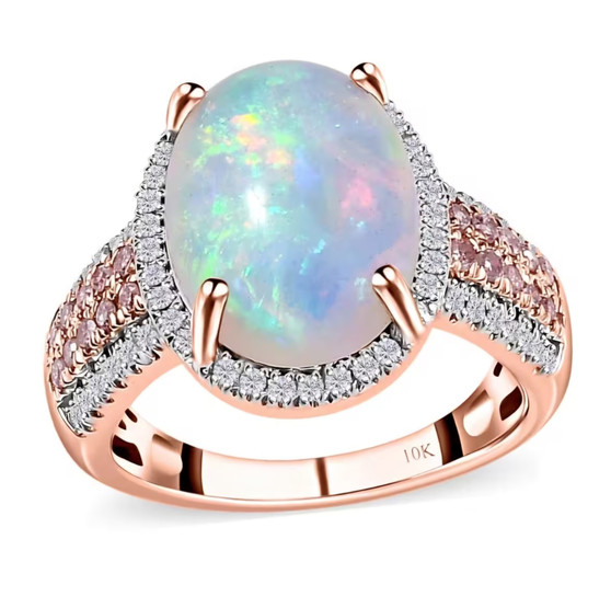 front view of ethiopian opal pink and white diamond halo ring in solid 10k rose gold