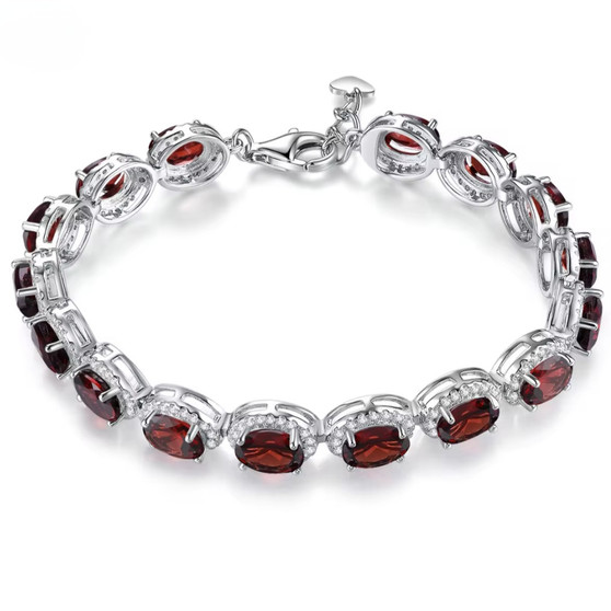 garnet and white zircon halo adjustable bracelet in rhodium over sterling silver