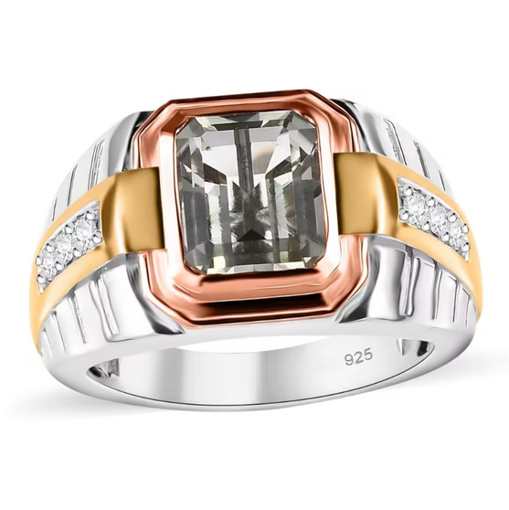 prasiolite and moissanite emerald cut mens solitaire ring in tri tone 14k gold over sterling silver