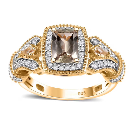 turkizite and white zircon halo ring in 18k yellow gold over sterling silver