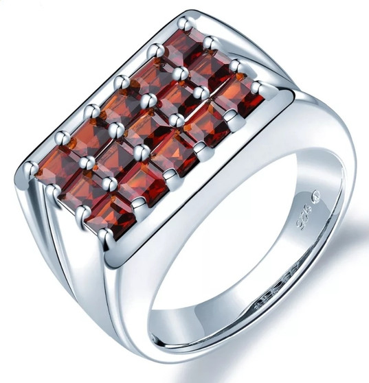 mens garnet cluster ring in rhodium over sterling silver
