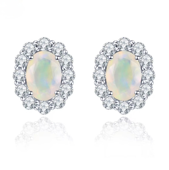 oval ethiopian opal and white zircon halo stud earrings in rhodium over sterling silver
