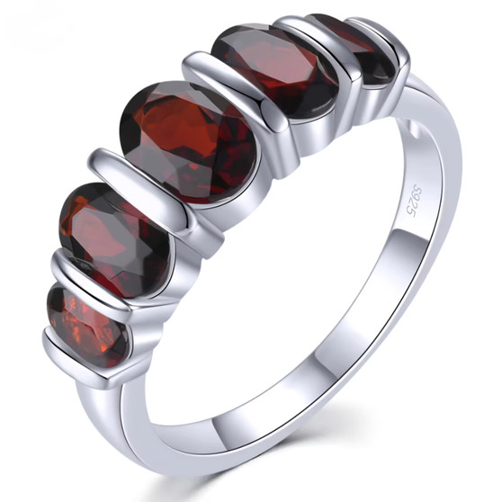 black garnet five stone band ring in rhodium over sterling silver