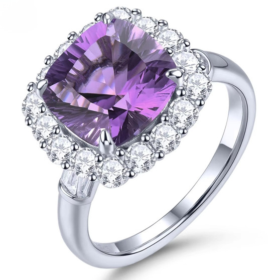 amethyst and white zircon halo ring in rhodium over sterling silver