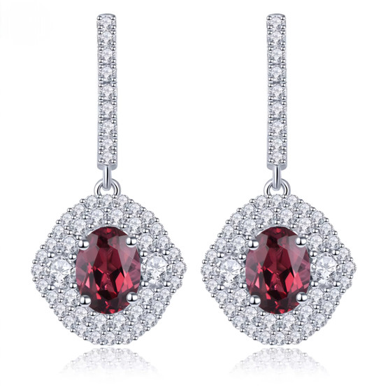 rhodolite garnet and white zircon halo dangle earrings in rhodium over sterling silver