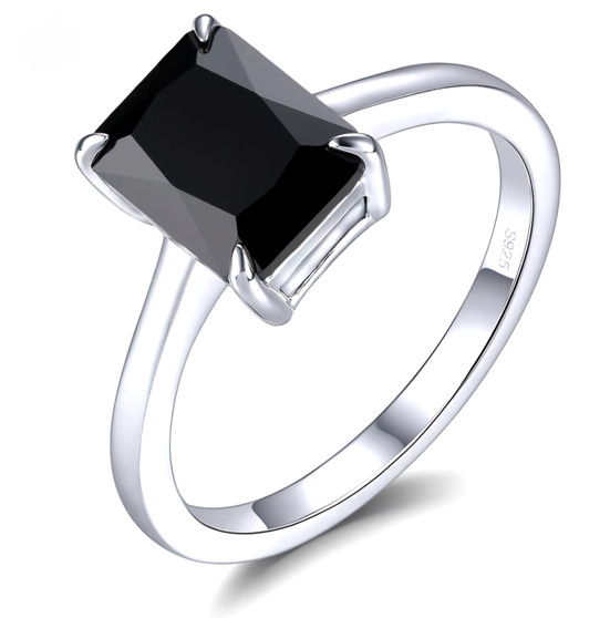emerald cut black spinel solitaire ring in rhodium over sterling silver