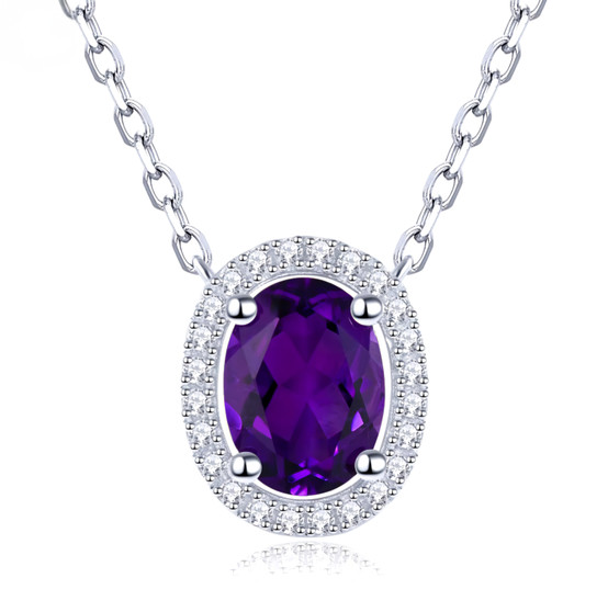 amethyst and white zircon halo necklace in rhodium over sterling silver