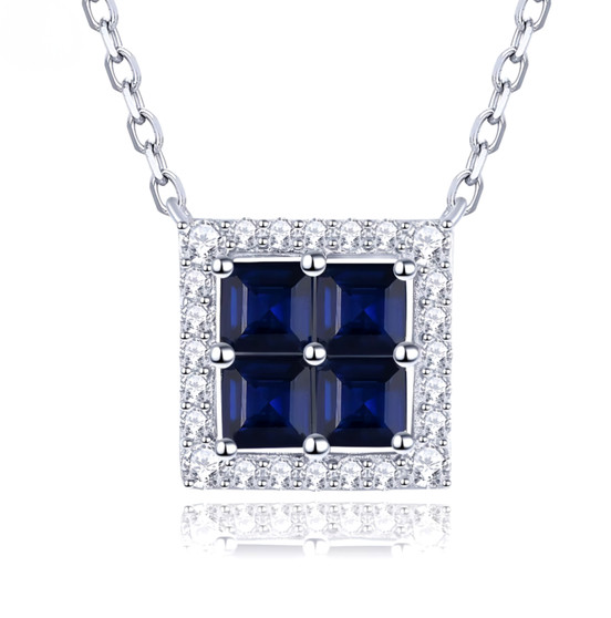 blue sapphire and white zircon square necklace in rhodium over sterling silver