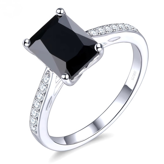 emerald cut black spinel and white zircon solitaire ring in rhodium over sterling silver