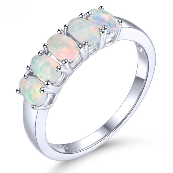 ethiopian opal five stone band ring in rhodium over sterling silver