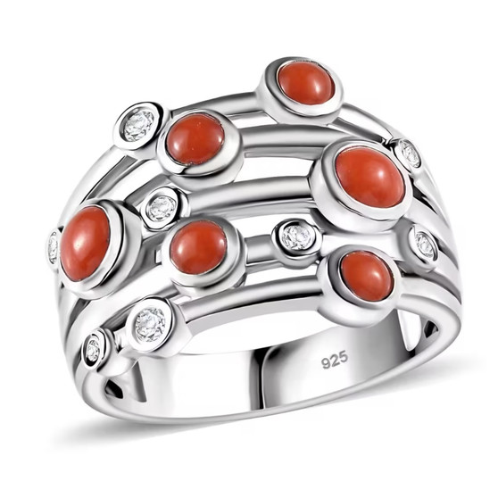 mediterranean coral and white zircon multi row band ring
