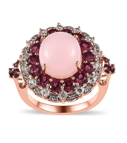pink opal rhodolite garnet and zircon halo ring in 18k rose gold over sterling silver