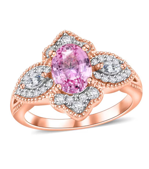 pink and white moissanite ring in 18k rose gold over sterling silver