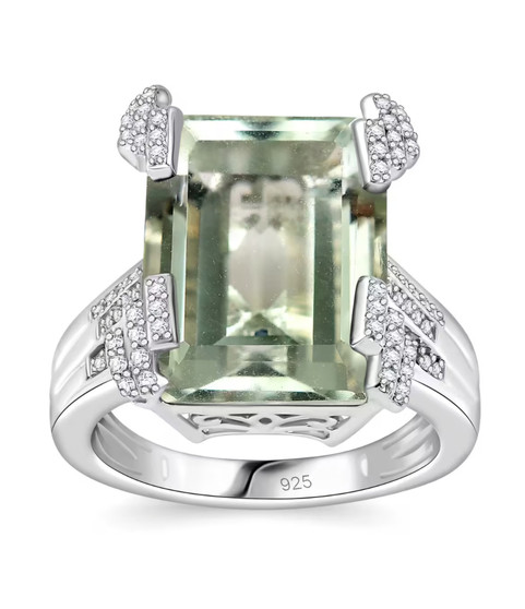 prasiolite and white zircon ring in rhodium over sterling silver