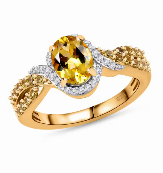 heliodor yellow sapphire and moissanite ring in 18k yellow gold over sterling silver