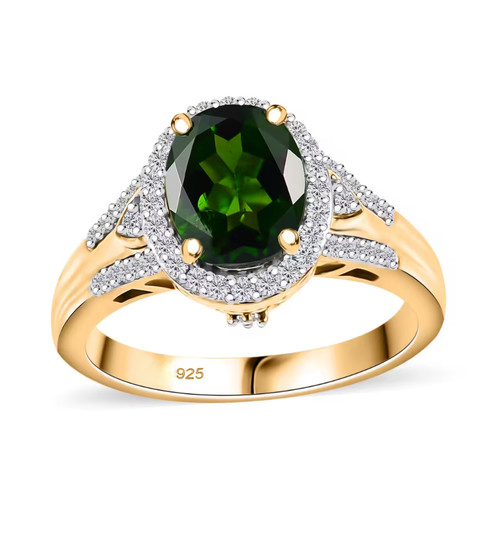oval chrome diopside and white zircon halo ring in 18k yellow gold over sterling silver