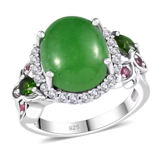 green jade and multi gemstone halo ring in rhodium over sterling silver