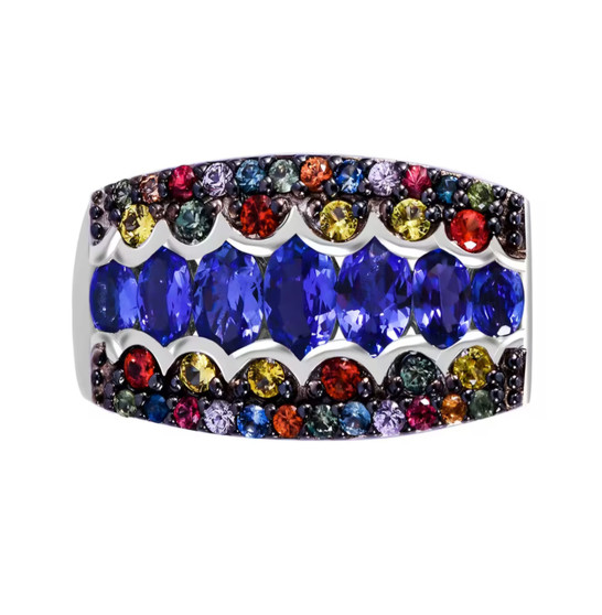 tanzanite and multi color sapphire cluster ring in rhodium over sterling silver