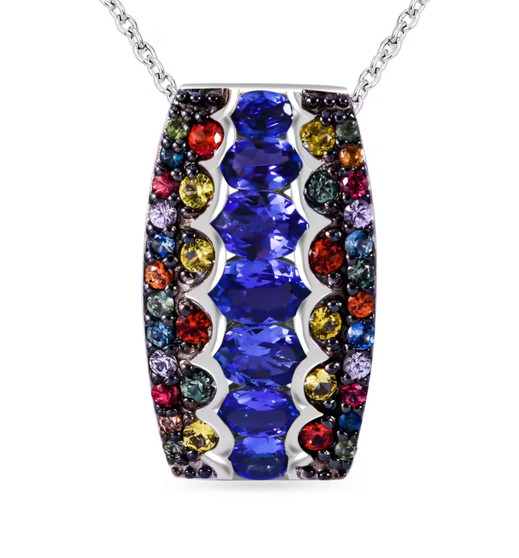 tanzanite and multi color sapphire pendant necklace in rhodium over sterling silver