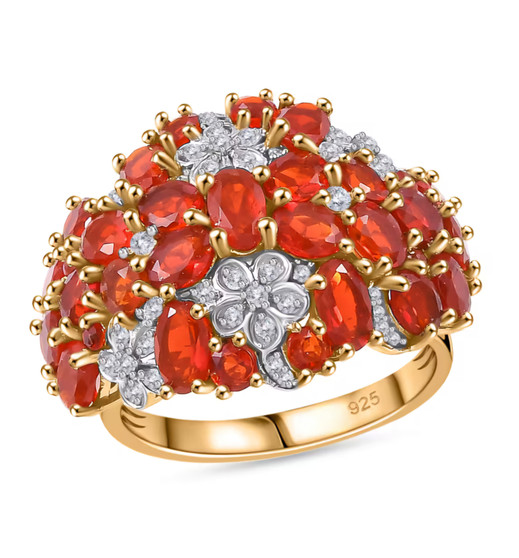 fire opal and moissanite cluster flower ring in 18k yellow gold over sterling silver