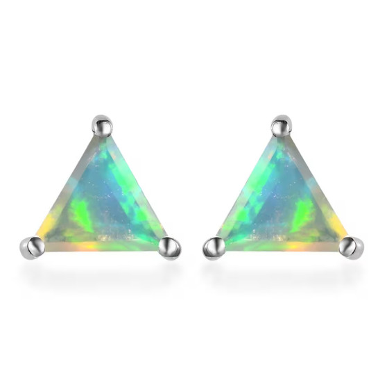 triangle ethiopian opal stud earrings in rhodium over sterling silver