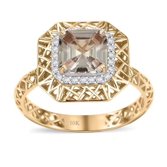 front view of turkizite and diamond halo solid 10k yellow gold latticework ring