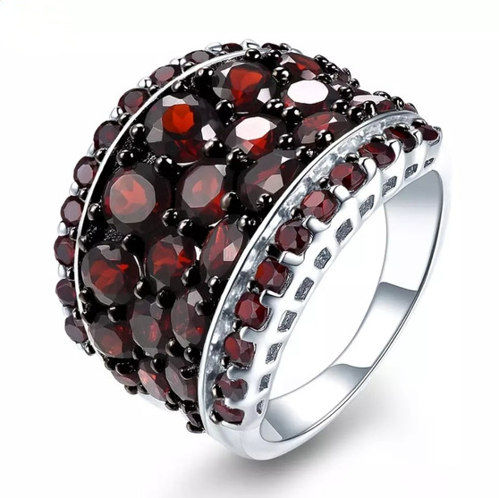 black garnet cluster ring in rhodium over sterling silver