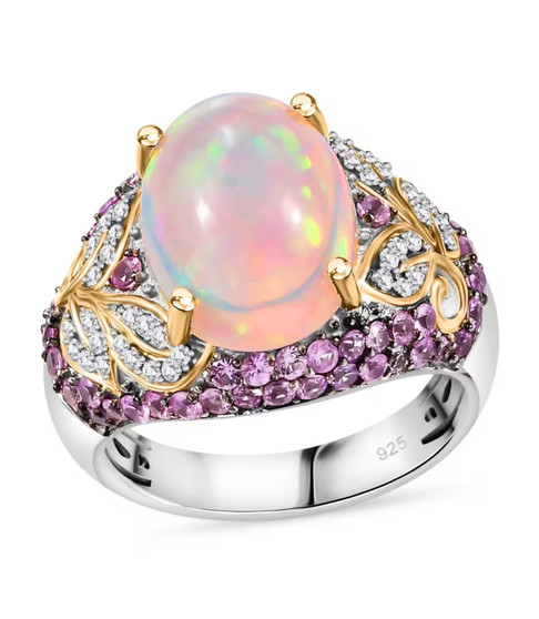 opal pink sapphire and moissanite ring in 18k yellow gold and rhodium over sterling silver
