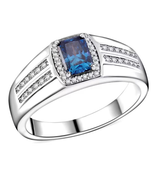 blue and white moissanite gents ring in rhodium over sterling silver