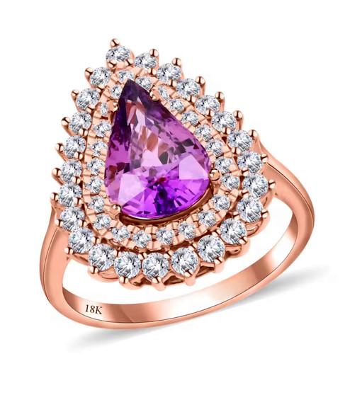 purple sapphire and diamond halo ring in 18k rose gold