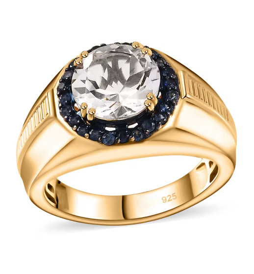 petalite and blue sapphire gents ring in 18k yellow gold over sterling silver