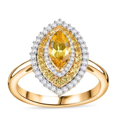 heliodor yellow sapphire and moissanite marquise halo ring in 18k yellow gold over sterling silver