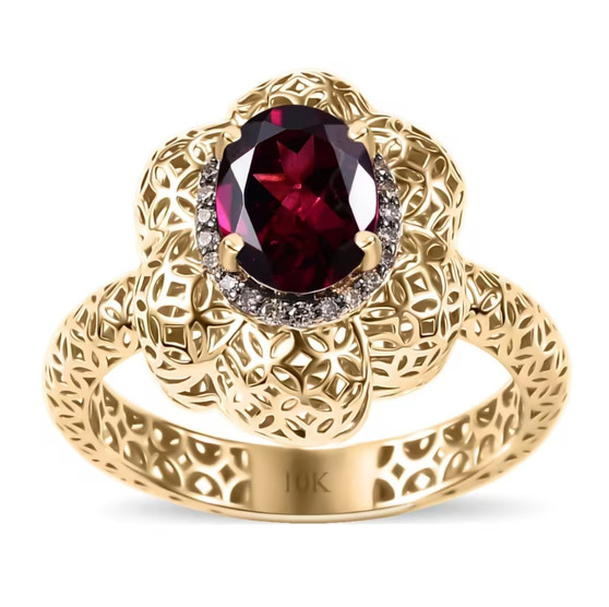 rhodolite garnet and champagne diamond 10k yellow gold halo flower ring front