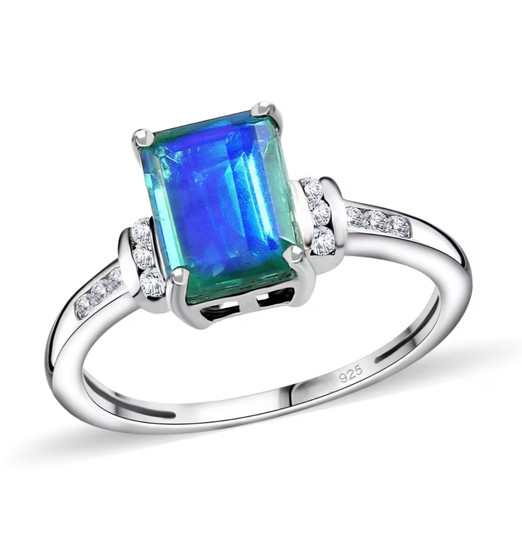 blue and green quartz triplet and zircon ring in rhodium over sterling silver