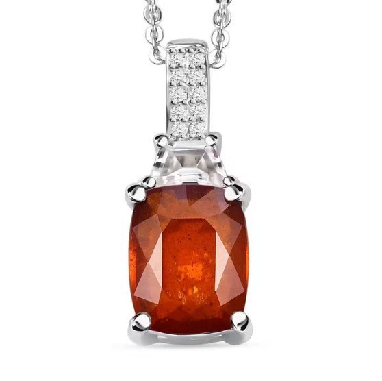 orange kyanite and white zircon pendant necklace in rhodium over sterling silver