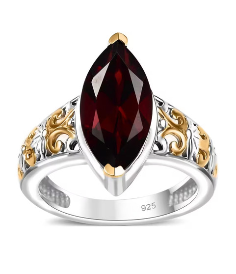 marquise garnet solitaire ring in 18k yellow gold and rhodium over sterling silver