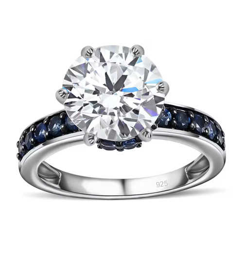 moissanite and blue sapphire ring in black and white rhodium over sterling silver