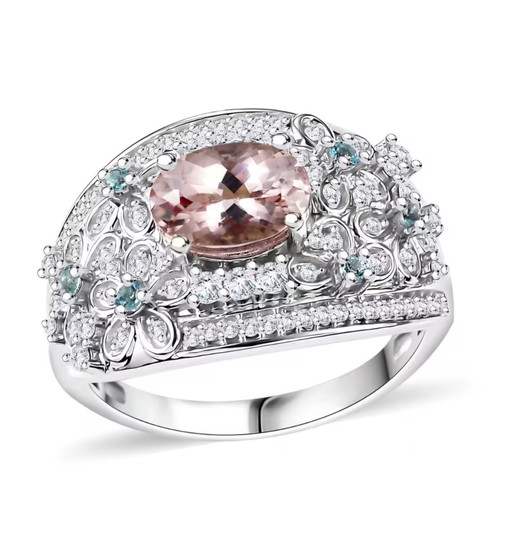 morganite blue apatite and moissanite flower cluster ring in rhodium over sterling silver