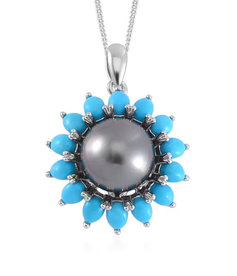 tahitian pearl and turquoise halo pendant necklace in rhodium over sterling silver